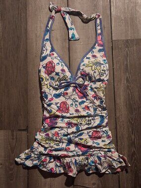New COCO RAVE SWIMDRESS D Cup Floral w/ Denim Trim 32D Cup Small